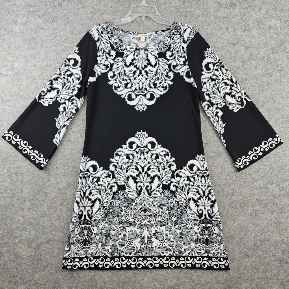 Haani Tunic Dress Women's Large Black White Damask Bell Sleeve Bar Hardware Boho